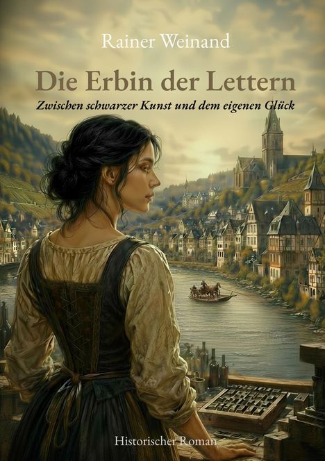 "Die Erbin der Lettern" von Rainer Weinand, historische Szene mit Frau am Fluss, mittelalterliche Stadt im Hintergrund.