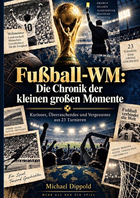 Titel: "Fußball-WM: Die Chronik der kleinen großen Momente".  
Im Hintergrund sind ein Stadion, Jubel und historische Fußballfotos.