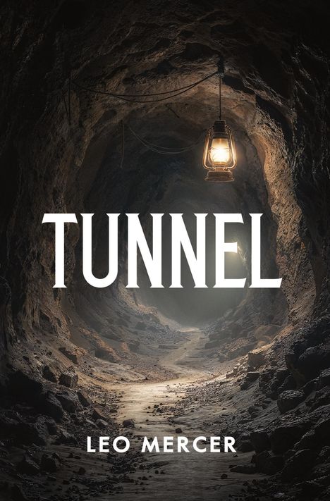 "Tunnel" und "Leo Mercer" sind groß geschrieben. Eine Laterne beleuchtet einen felsigen Tunnelgang.
