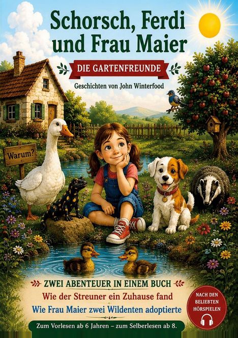 „Schorsch, Ferdi und Frau Maier“, „Zwei Abenteuer in einem Buch“, zeigt ein Mädchen mit Tieren in idyllischer Landschaft.