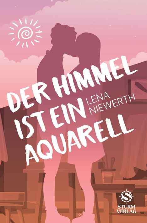 „DER HIMMEL IST EIN AQUARELL“ von Lena Niewerth. Illustration: Ein paar küsst sich vor einem rosa Himmel, Sturm Verlag Logo.