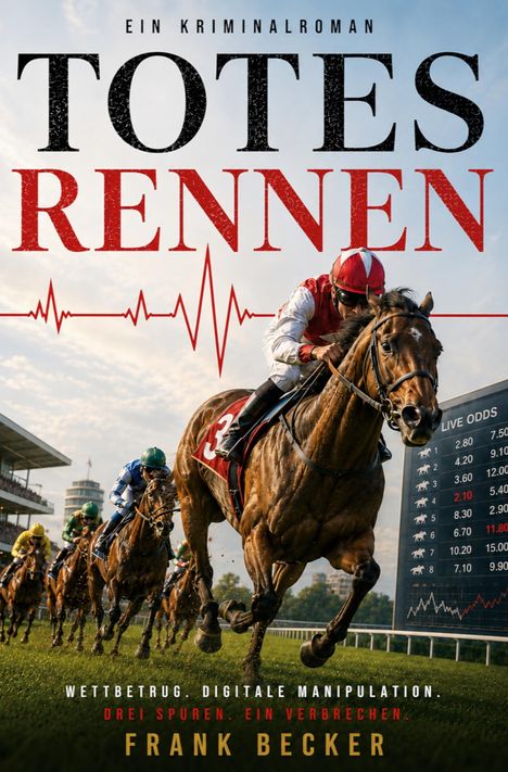 "Totes Rennen" in großen Buchstaben, darunter eine Pferderennszene mit Reitern und Wettquoten auf einer Tafel.