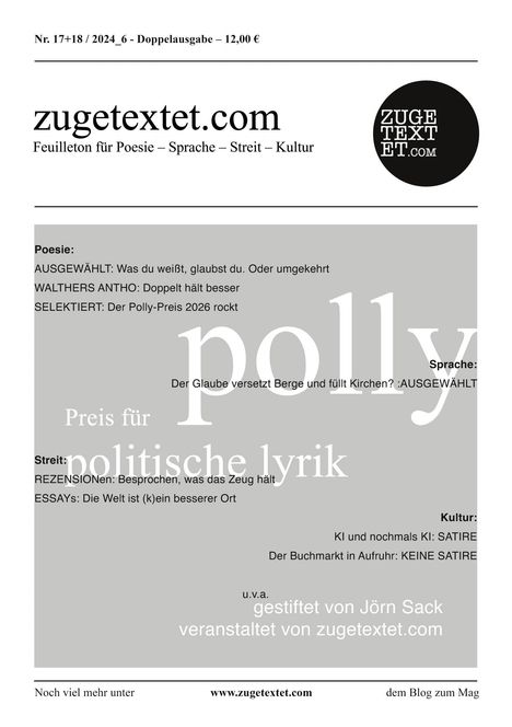 zugtextet.com, Feuilleton für Poesie – Sprache – Streit – Kultur. Preis für politische Lyrik. Polly-Preis 2026 rockt.