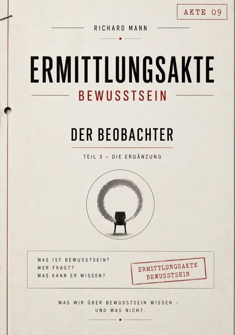 "Ermittlungsakte Bewusstsein: Der Beobachter. Teil 3 – Die Ergänzung. Was ist Bewusstsein? Wer fragt? Was kann er wissen?" 

Darstellung zeigt einen Stuhl vor einem gemalten Kreis.