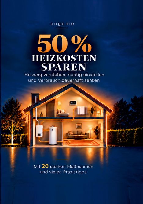 "50% Heizkosten sparen. Heizung verstehen, richtig einstellen und Verbrauch dauerhaft senken. Mit 20 Maßnahmen." 

Ein stilisiertes Hausmodell mit Heizungssystem.