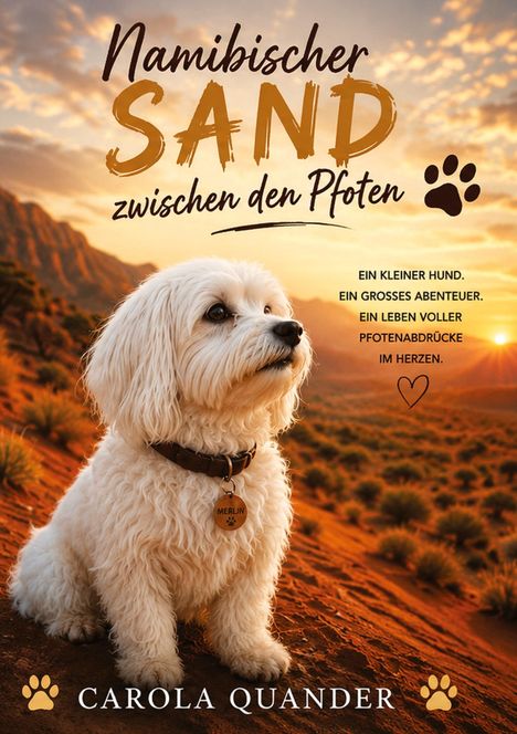 "Namibischer Sand zwischen den Pfoten." Ein kleiner Hund sitzt auf rotem Sand vor Bergkulisse bei Sonnenuntergang.