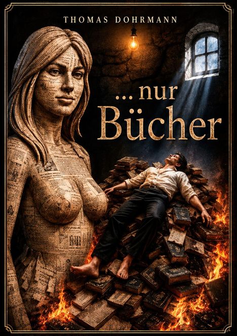 "Thomas Dohrmann ...nur Bücher." Statue aus Buchseiten, Mann auf Bücherstapel, dramatisches Licht und Flammen.