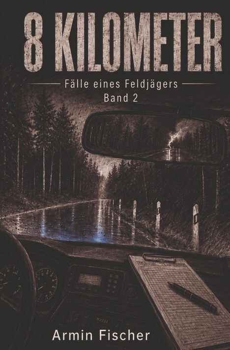 "8 KILOMETER: Fälle eines Feldjägers Band 2" von Armin Fischer. Illustration zeigt eine regnerische Waldstraße und ein Autoinneres.