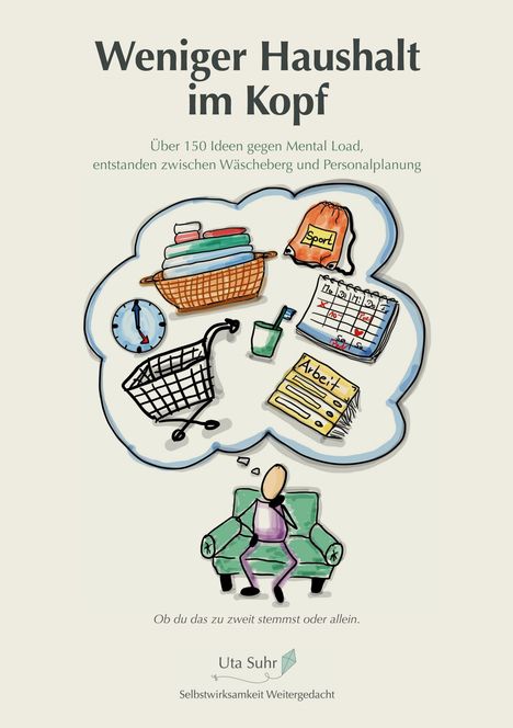 "Weniger Haushalt im Kopf. Über 150 Ideen gegen Mental Load." Illustration: Person auf Sofa, Gedankenblase voller Aufgaben.