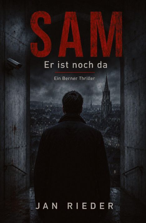 "Sam: Er ist noch da. Ein Berner Thriller. Jan Rieder." Ein Mann steht in einem dunklen Durchgang mit Blick auf eine Stadt.
