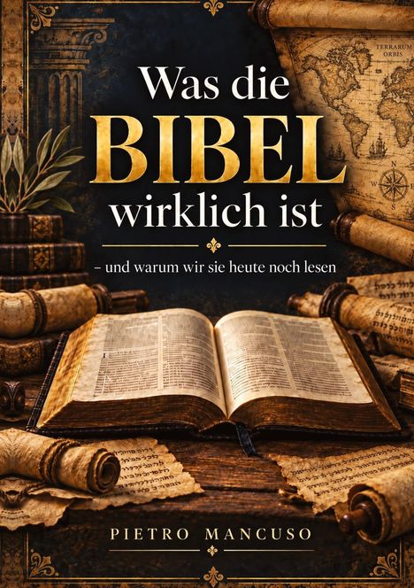 „Was die Bibel wirklich ist“ steht groß, darüber eine geöffnete Bibel, alte Schriftrollen und eine Weltkarte.