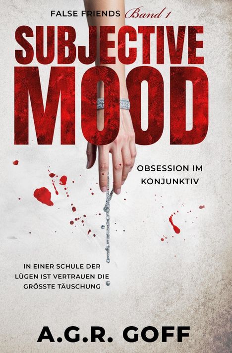 "SUBJECTIVE MOOD", Band 1, "OBSESSION IM KONJUNKTIV". Hand mit Schmuck, blutrote Spritzer auf hellem Hintergrund.
