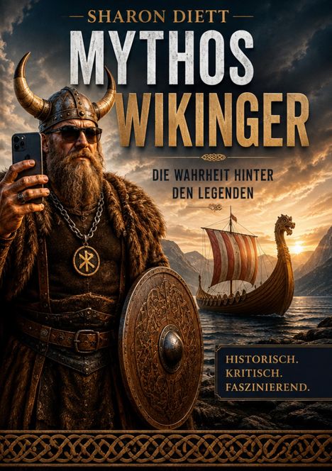 "SHARON DIETT MYTHOS WIKINGER", "Die Wahrheit hinter den Legenden". Ein Wikinger mit Handy und Schild, ein Wikingerschiff.