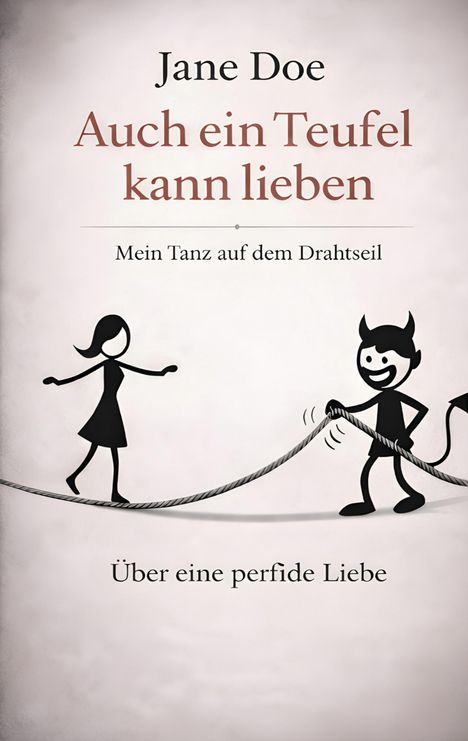 "Jane Doe: Auch ein Teufel kann lieben. Mein Tanz auf dem Drahtseil. Über eine perfide Liebe. Illustration: Frau balanciert, Teufel hält Seil."