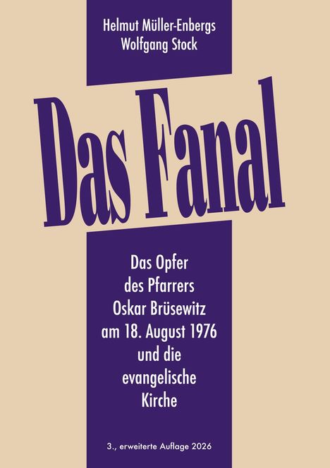 "Das Fanal" steht schräg groß geschrieben. Darunter Details über Oskar Brüsewitz und die evangelische Kirche. Beige und lila Töne.