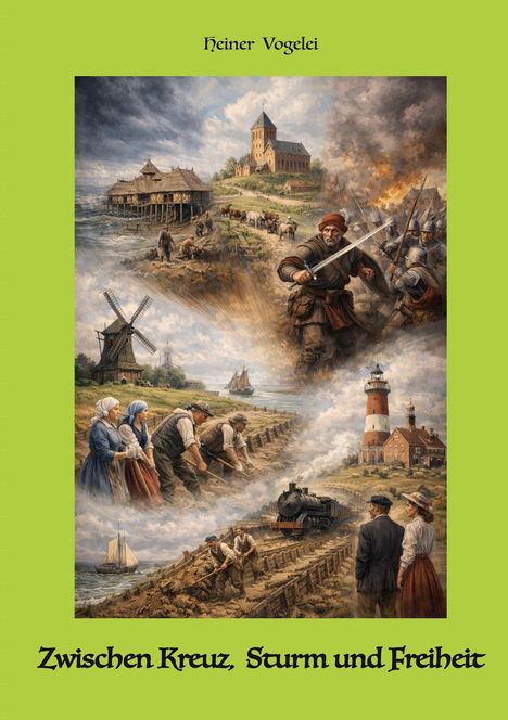 "Zwischen Kreuz, Sturm und Freiheit" von Heiner Vogelei. Historische Illustration mit Szenen aus Krieg, Landwirtschaft und Küstenleben.
