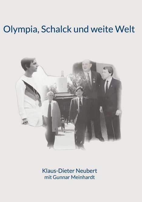 „Olympia, Schalck und weite Welt.“ Schwarz-weiße Fotocollage mit Personen in Anzügen und einem Sportler.
