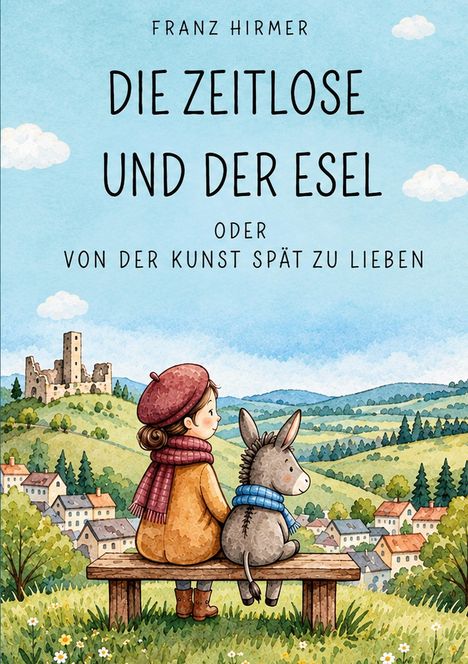 "Die Zeitlose und der Esel. Oder von der Kunst spät zu lieben." Illustration: Frau und Esel auf Bank, Aussicht auf Hügel.