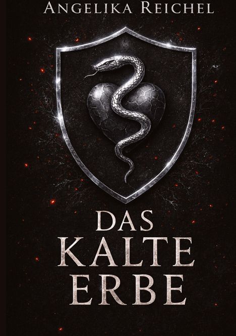Text "Angelika Reichel, Das kalte Erbe". Ein silbernes Wappen mit einer Schlange auf einem dunkel strukturierten Hintergrund.