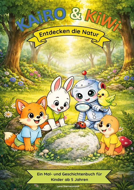 „KAIRO & KiWi: Entdecken die Natur. Ein Mal- und Geschichtenbuch für Kinder ab 5 Jahren.“ Tiere in Waldillustration.