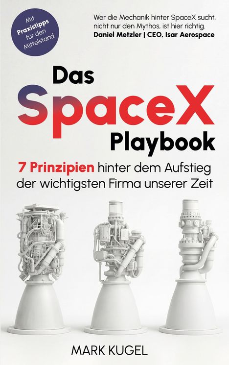"Das SpaceX Playbook" steht groß geschrieben. Drei detaillierte Raketentriebwerke sind darunter abgebildet.