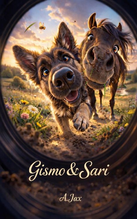 "Gismo & Sari" und "A. Jax" stehen geschrieben. Ein fröhlicher Hund und ein neugieriges Pony schauen durch ein Bullauge.