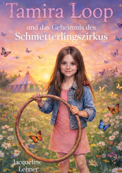 Der Text oben lautet "Tamira Loop und das Geheimnis des Schmetterlingszirkus". Darunter ein Kind mit Reif, umgeben von Schmetterlingen.