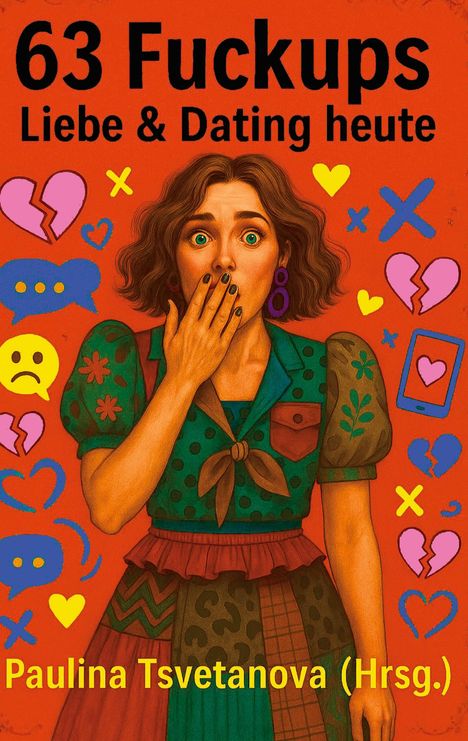 "63 Fuckups: Liebe & Dating heute” von Paulina Tsvetanova. Illustration einer Frau mit entsetztem Gesichtsausdruck.