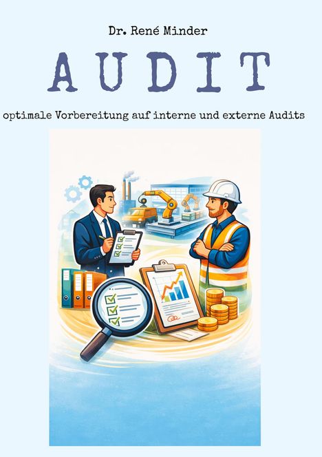Text: "Dr. René Minder, AUDIT, optimale Vorbereitung auf interne und externe Audits."  
Illustration: Ein Geschäftsmann und ein Bauarbeiter diskutieren, umgeben von Checklisten, Grafiken und einem Kran.