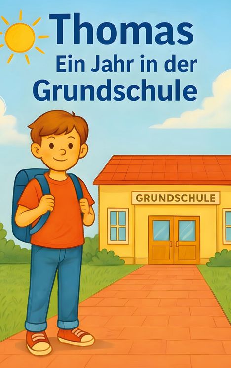 „Thomas: Ein Jahr in der Grundschule“. Illustration mit Junge in rotem T-Shirt, Rucksack vor gelbem Schulgebäude.
