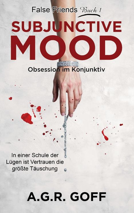 Eine Hand mit rotem Schmuck, darunter ein Spruch über Vertrauen und Täuschung. Hintergrund: weiße Fläche mit roten Spritzern.