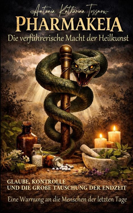 "PHARMAKEIA - Die verführerische Macht der Heilkunst". Eine Schlange windet sich um einen Stock. Kerzen und Flaschen.
