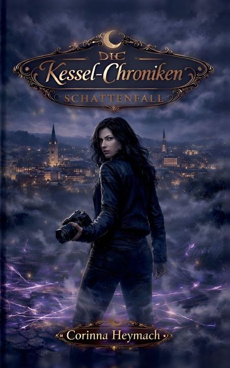„Die Kessel-Chroniken: Schattenfall“ von Corinna Heymach. Eine Frau mit Kamera vor nebliger Stadtlandschaft.