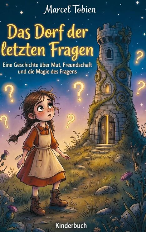 Titel: "Das Dorf der letzten Fragen". Untertitel: "Eine Geschichte über Mut, Freundschaft und die Magie des Fragens". Kinderbuchillustration zeigt ein Mädchen vor einem Turm.