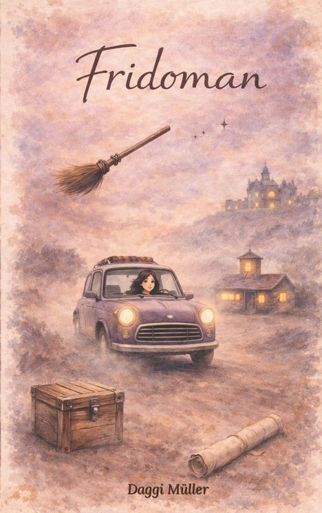 "Fridoman", "Daggi Müller". Illustration: Auto mit Fahrerin, Besen, Kiste, Schloß und Hütte in nebliger Landschaft.