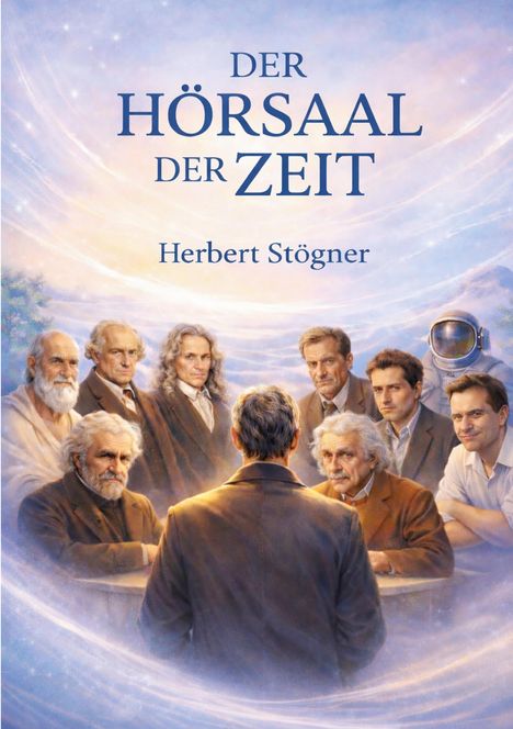 Eine Illustration zeigt acht Männer um einen Tisch. Text: „DER HÖRSAAL DER ZEIT“ von Herbert Stögner.