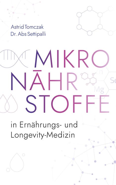 "Astrid Tomczak, Dr. Abs Settipalli, Mikro-Nährstoffe in Ernährungs- und Longevity-Medizin." Molekülstrukturen im Hintergrund.