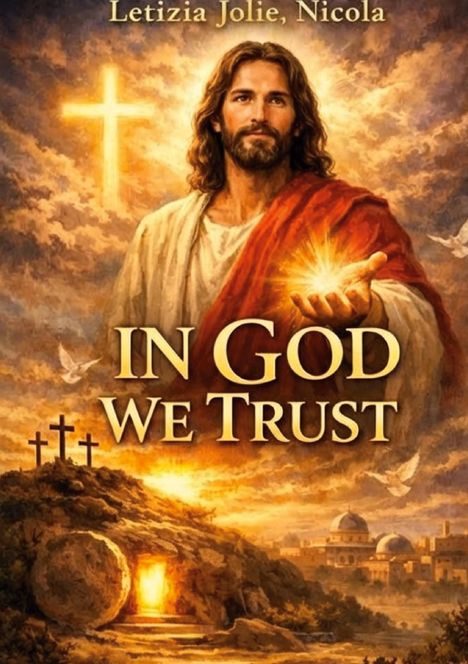 "In God We Trust" steht in großen Buchstaben. Illustration von Jesus mit leuchtender Hand, einem Kreuz und Tauben im Himmel.