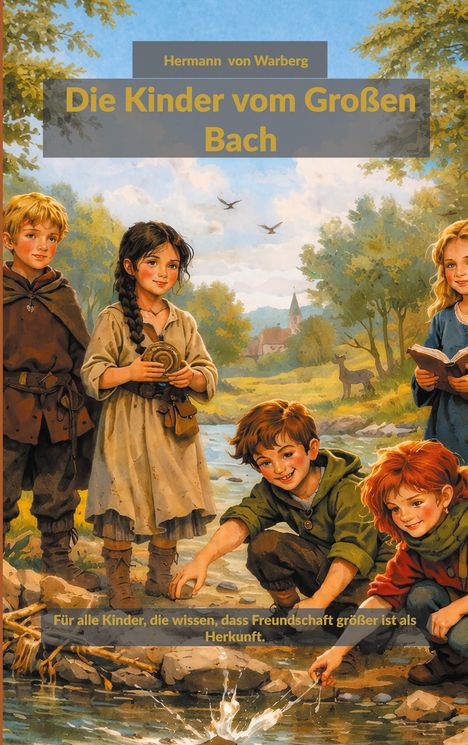 Ein Buchcover zeigt fünf Kinder an einem Bach. Sie spielen und lachen. Bäume und ein Dorf sind im Hintergrund zu sehen.