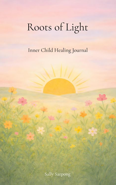 "Roots of Light", "Inner Child Healing Journal", und "Sally Sarpong". Illustration zeigt einen Sonnenaufgang über einer Blumenwiese.