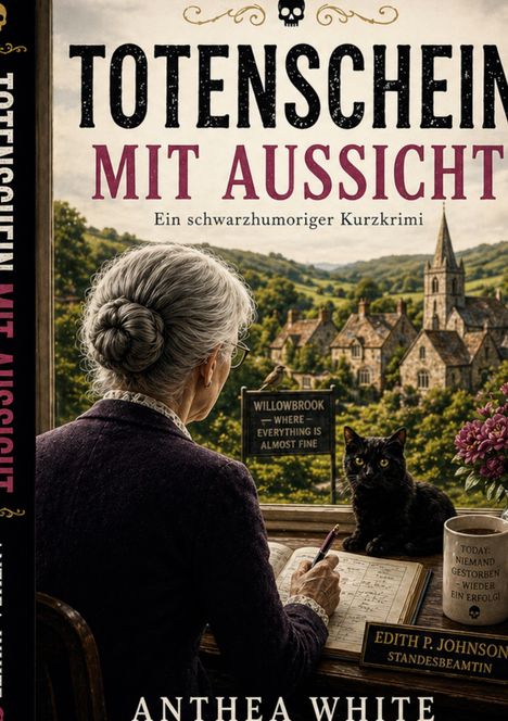 „Totenschein mit Aussicht“, witziger Krimi von Anthea White. Alte Dame schreibt, Katze, Dorf, Berge im Hintergrund.