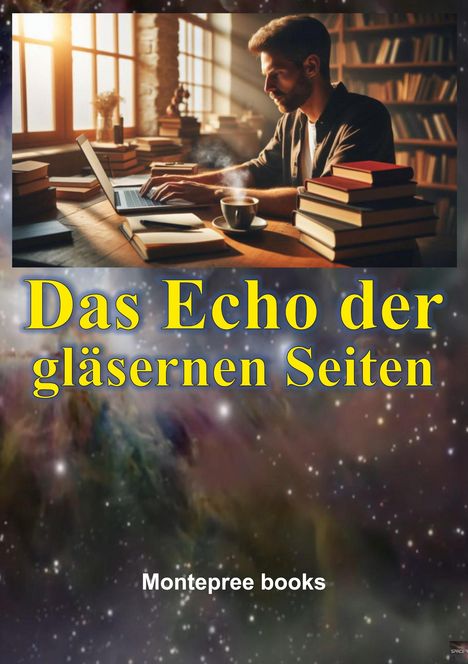 "Das Echo der gläsernen Seiten" und "Montepre books" in gelber und weißer Schrift vor einem Sternenhintergrund.