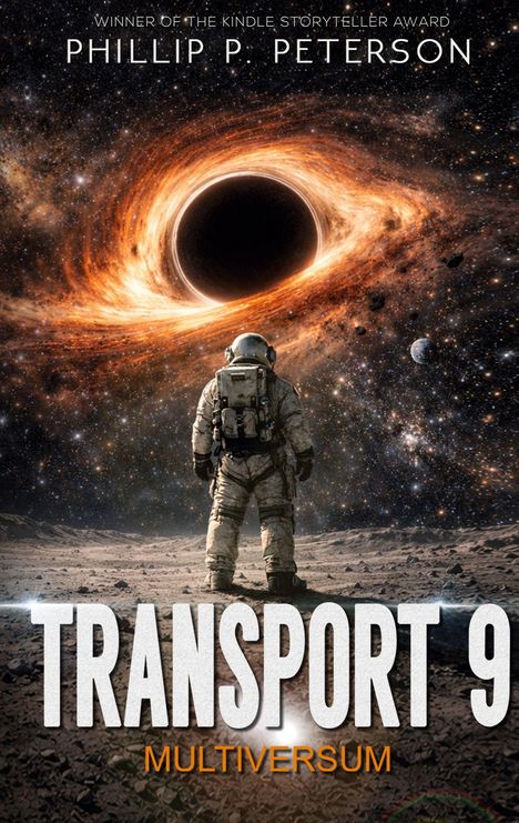 „TRANSPORT 9: MULTIVERSUM“, ein Astronaut steht vor einem schwarzen Loch im Weltall.