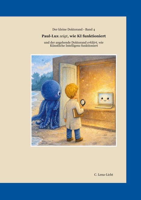 "Paul-Lux zeigt, wie KI funktioniert". Illustration: Kind betrachtet strahlenden Laptop mit Lupe, neben ihm ein Oktopus.