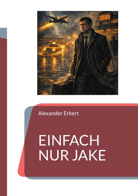 "Alexander Erkert: EINFACH NUR JAKE" über einem düsteren Flughafenbild bei Regen, mit einem Mann im Mantel und einem Flugzeug.