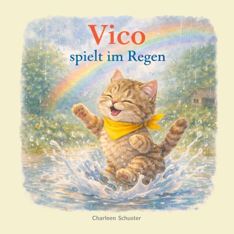 „Vico spielt im Regen“ steht oben. Darunter eine fröhliche Katze im Regen, springt in einer Pfütze mit einem Regenbogen darüber.