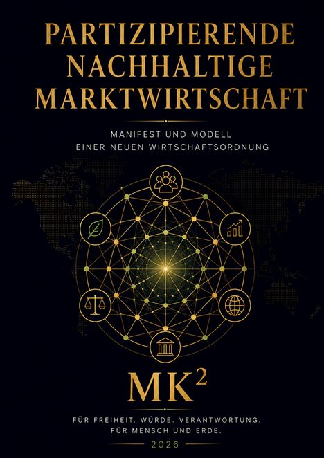 "Partizipierende nachhaltige Marktwirtschaft." "MK²" "Für Freiheit. Würde. Verantwortung. Für Mensch und Erde. 2026." Logo mit Symbolen.