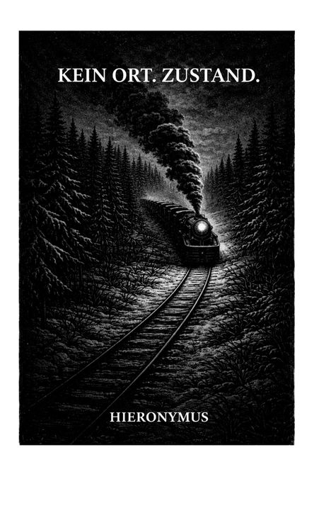 "KEIN ORT. ZUSTAND." und "HIERONYMUS". Eine dampfende Lokomotive fährt durch einen dunklen Wald auf einem gebogenen Gleis.