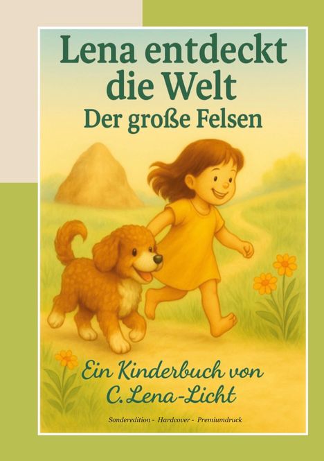 Titel: "Lena entdeckt die Welt: Der große Felsen", Kinderbuch von C. Lena-Licht. Illustration: Mädchen mit Hund auf Wiese.