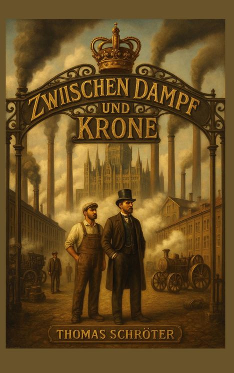 „Zwischen Dampf und Krone“ und „Thomas Schröter“. Gemälde mit Arbeitern vor Fabrik und dampfenden Schornsteinen.